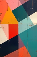 Fototapete - Abstract geometric art features colorful triangles, rectangles. Modern flat color scheme. Bright hues create dynamic visual pattern. Ideal for web banner design business card modern tech