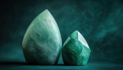 Poster - Two polished green gemstones in varying sizes against a dark textured background.