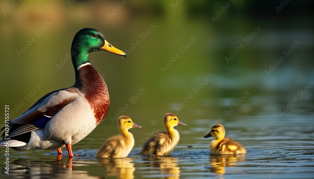 Mallard Duck Family Lake Mother Duck Three Ducklings Swim Water Cute 