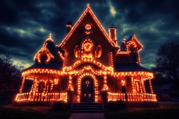 Poster - A beautifully decorated house illuminated with festive lights against a dramatic sky.