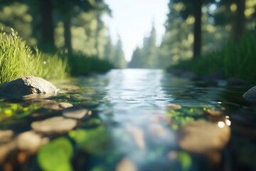 Aufkleber - Pristine riverbed with clear stream flowing through evergreen forest landscape : Generative AI