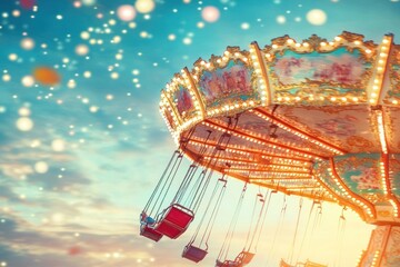 Aufkleber - A vibrant swing ride at a fair, illuminated by colorful lights against a dreamy sky.