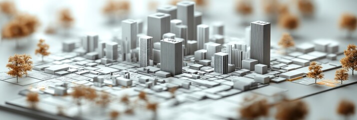 Poster - A detailed architectural model of a cityscape with buildings and trees.