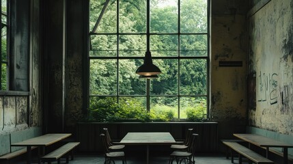 Poster - A rustic dining space with large windows overlooking lush greenery.