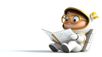 Poster - A cute cartoon character in an astronaut suit reads a book, showcasing curiosity and learning.