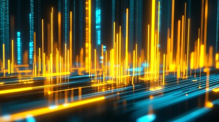 Poster - Vibrant Orange and Blue Digital Light Bar Art in Cyberpunk Futuristic Style : Generative AI