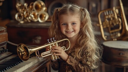 Aufkleber - A smiling girl with long hair holds a trumpet next to a piano in a vintage setting.