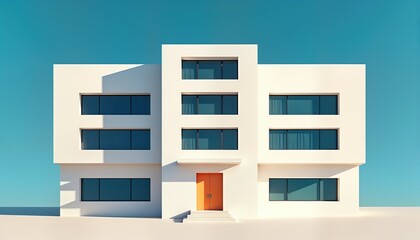 Poster - Modern white building features symmetrical design. Clean lines create balance. Orange door adds contrast. Minimalist architecture. Ideal for real estate brochures.