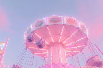 Aufkleber - A colorful carnival ride illuminated by pink lights against a pastel sky.