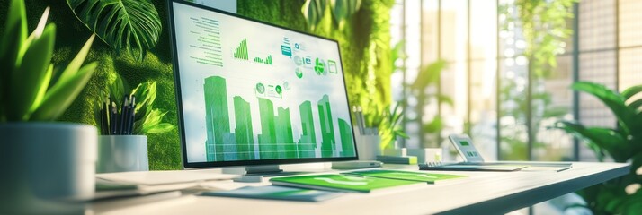 Aufkleber - A modern workspace with a green theme, featuring a computer and plants for a fresh atmosphere.