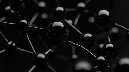 Fototapete - Abstract representation of interconnected black molecules on a dark background.