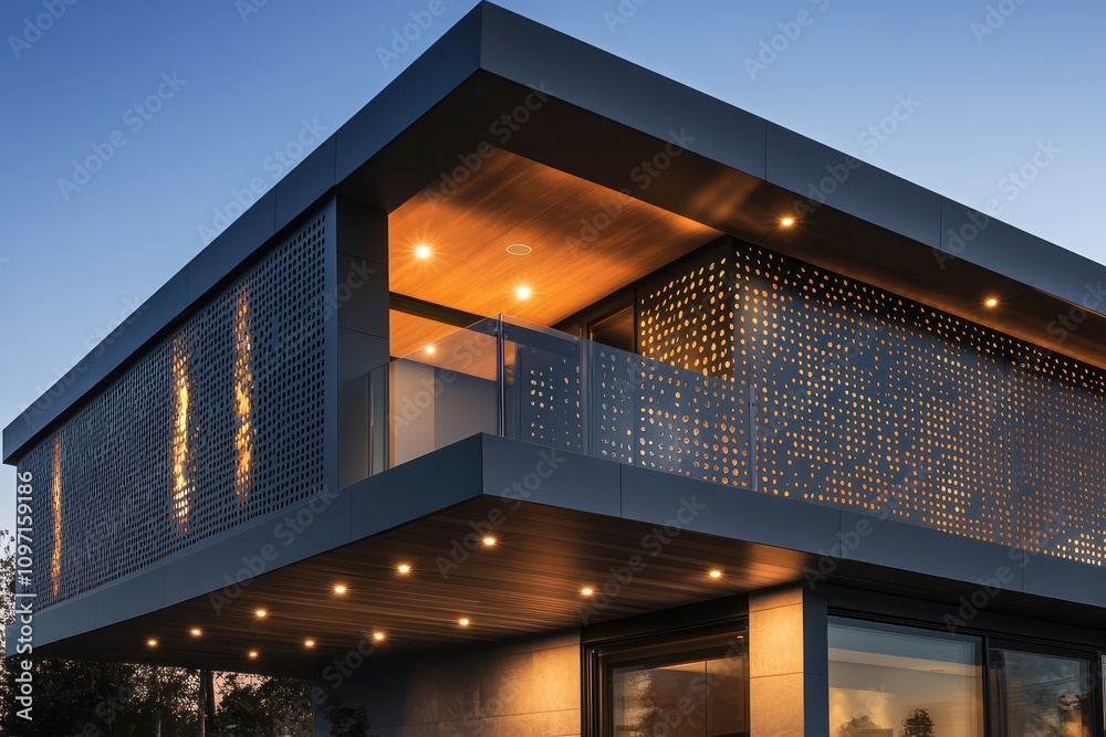 Ultra-modern home front with a perforated metal facade and recessed ...