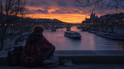 Fototapete - A person sits by the river at sunset, reflecting on the serene cityscape.