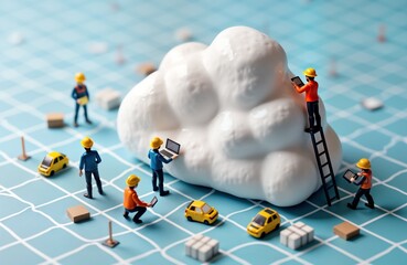 Poster - Miniature engineers work on large cloud model. Technicians use laptops tablets. Workers build computing infrastructure. Network automation. Data virtualization.