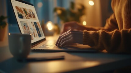 Aufkleber - A person typing on a laptop in a cozy, softly lit environment with plants and a cup nearby.