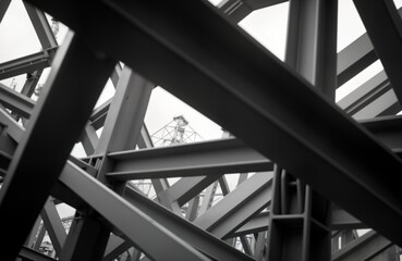 Poster - Steel beams intersect creating abstract architecture. Industrial structure design. Monochrome metal framework. Geometric lines shape modern building. Strong graphic pattern. Construction material