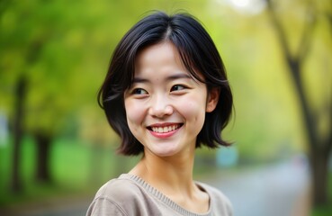 Wall Mural - Happy young Asian woman smiles outdoors spring day. She wears casual top. Tree background. Portrait shot. Positive vibes. Ideal for beauty health. Spring fashion. Natural beauty.