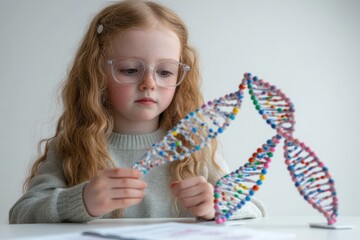 Poster - A child examines a colorful DNA model, exploring genetics and science concepts.