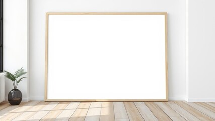 Poster - Mockup of a picture frame set on a wooden floor, perfect for showcasing artwork or photographs, empty frame, copy space, minimalistic