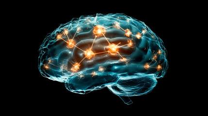 Poster - Intricate web of neurons firing and communicating in a transparent human brain, representing cognition, recollection, and awareness