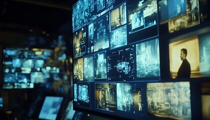 Poster - A high-tech control room with multiple screens displaying various data and images.