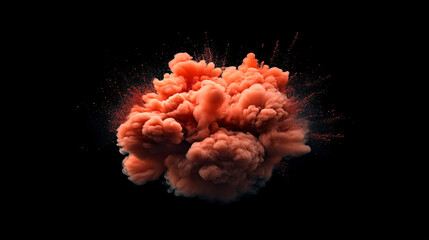 Poster - Vibrant red particles exploding and forming a stunning colorful cloud against a black backdrop, ideal for designs featuring explosions, energy, and vibrant colors