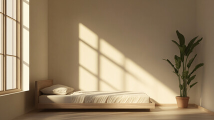 Poster - Minimalist bedroom bathed in sunlight, with shadows on the wall and a single bed and potted plant illuminated