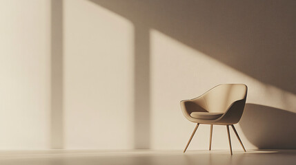 Wall Mural - Beige armchair in an empty room with sunlight creating shadows on the wall, perfect minimalist interior design