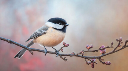 Poster - Black-capped chickadee perched on a delicate branch with pink buds, basking in the peaceful surroundings