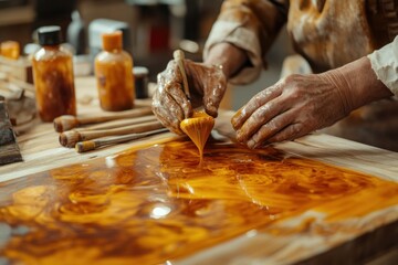 Poster - A person applying a glossy resin finish to a wooden surface with brushes.