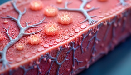 Poster - Microscopic crosssection of human connective tissue. Fibroblasts among collagen fibers. Network supports tissue structure. Medical research image. Biochemistry illustration. Microscopy analysis.