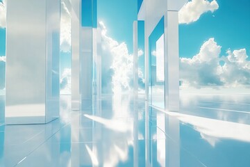 Poster - A serene, reflective space with tall structures under a bright sky and fluffy clouds.