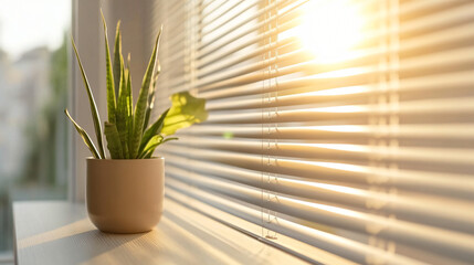 Aufkleber - Potted plant basks in the sun's warm glow on a windowsill, creating a serene and inviting ambiance
