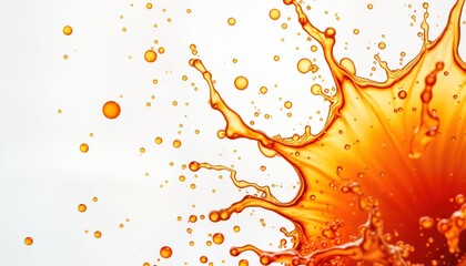 Aufkleber - Orange liquid splash. Droplets burst. White backdrop. Bright citrus juice. Refreshing drink. Vibrant color. Clean design. Dynamic motion. Abstract art. Fluid texture. Energy wave. Food beverage photo.