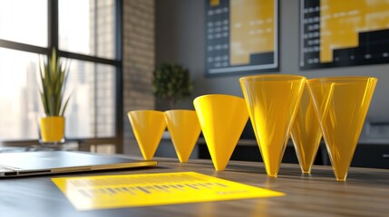 Aufkleber - A modern workspace featuring yellow cone-shaped objects and a laptop on a wooden table.