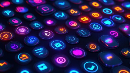 Poster - Neon Illuminated App Icons Interface Design