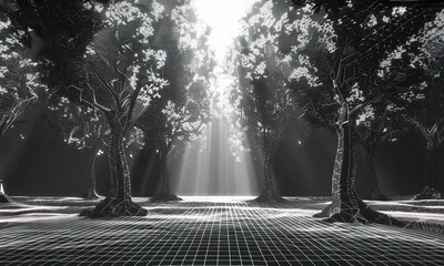 3D wireframe preview of forest, grid, only white lines, polygons, black background, high quality