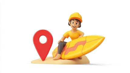 Poster - A cheerful character with a surfboard next to a location pin, symbolizing travel and leisure.
