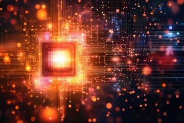 Poster - Digital circuit board with luminous elements showcasing technology and innovation