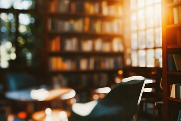 Aufkleber - A cozy library interior with bookshelves, chairs, and warm sunlight filtering through windows.
