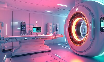 Poster - A futuristic medical imaging room featuring advanced technology and a patient examination area.