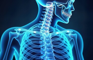Poster - Human spine ribcage anatomy 3D render. Blue glowing bones medical scan. Healthcare bone structure. Human body system. Medical research. Pain bone scan. Health body.