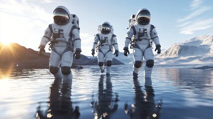 Aufkleber - Three astronauts walking in water on an icy exoplanet, with mountains and sunset in the background