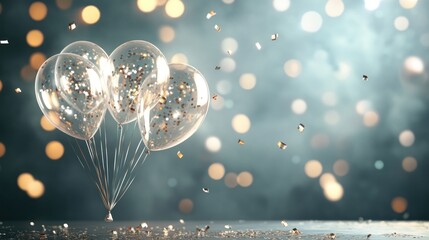 Poster - A cluster of transparent balloons with confetti, set against a soft, blurred background.