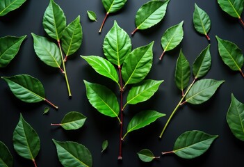 Poster - Green leaves pattern. Branch with vibrant foliage. Nature plant background. Spring summer eco theme. Botany macro photo. Perfect for eco design health blog. Fresh herb closeup. Isolated green leaves