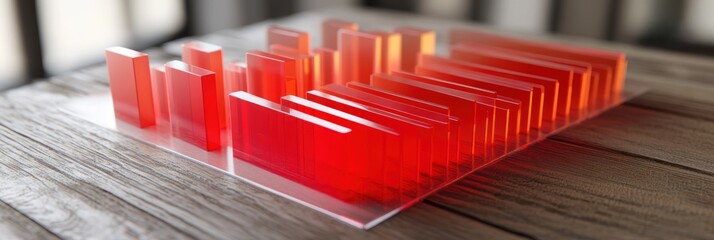 Aufkleber - A series of transparent red bars arranged in a wave pattern on a wooden surface.