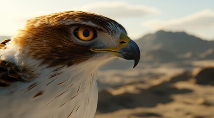 Aufkleber - A close-up of a hawk's head against a blurred mountainous background.