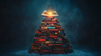 Poster - Books form a striking pyramid with a glowing open book at the top, symbolizing knowledge and imagination in a dark setting