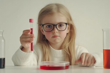 Poster - A young girl in glasses holds a test tube, engaged in a science experiment.