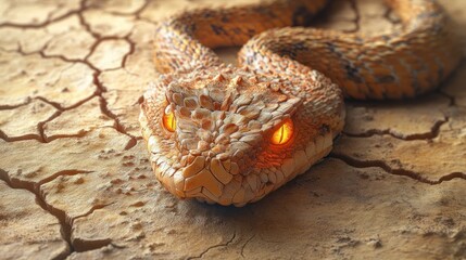 Aufkleber - A detailed, realistic depiction of a snake with glowing eyes on a cracked earth background.